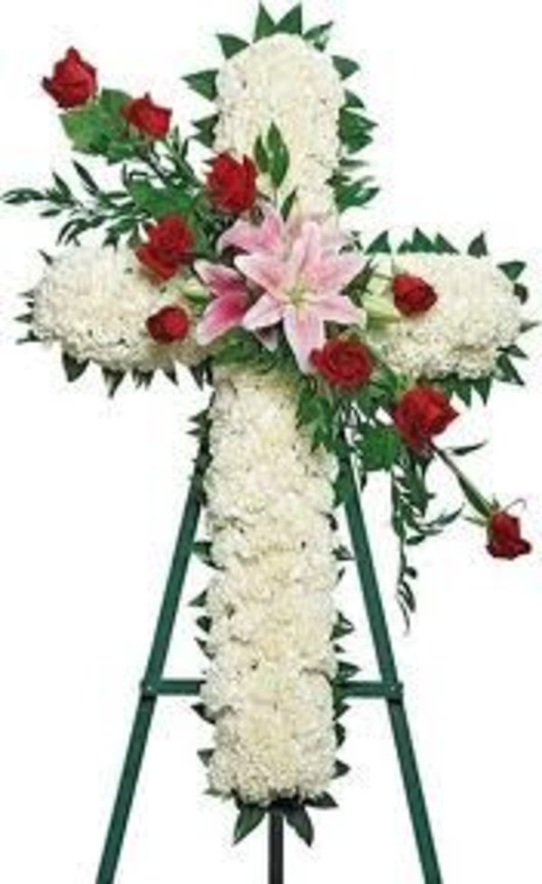 Cross with rose & lily spray